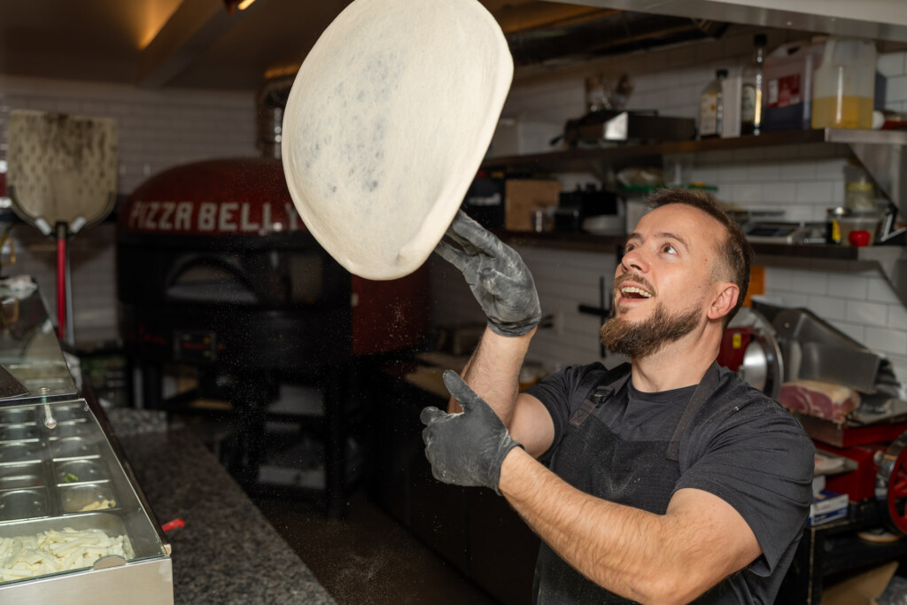 Handmade pizza dough being prepared at Pizza Gemelle Nantucket