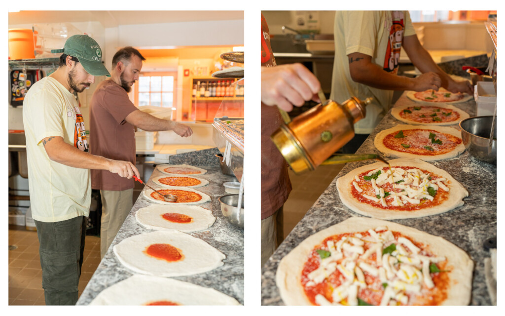 Fresh mozzarella and toppings added to pizza on Nantucket