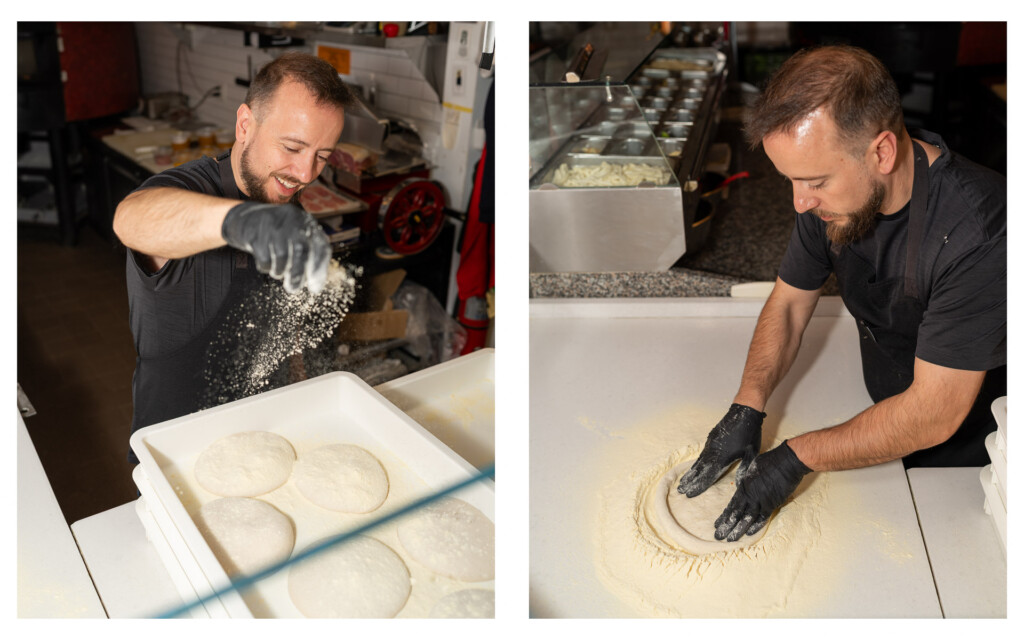 Handmade pizza dough being prepared at Pizza Gemelle Nantucket